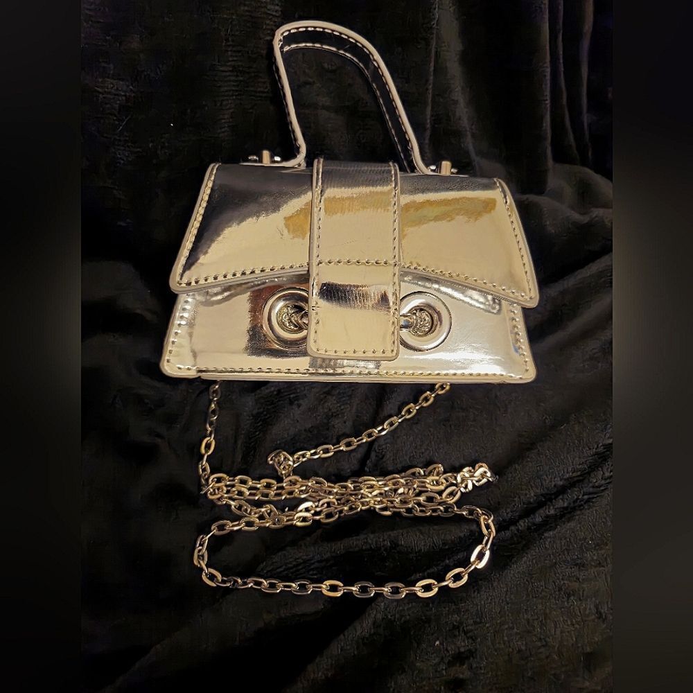 Silver Chrome Mini Bag with Chain Strap and Flap Closure